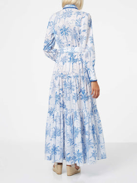 Langes Damenkleid mit Toile-de-Jouy-Print
