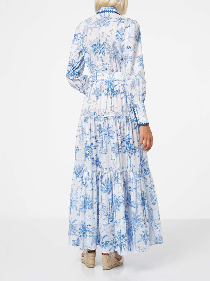 Langes Damenkleid mit Toile-de-Jouy-Print