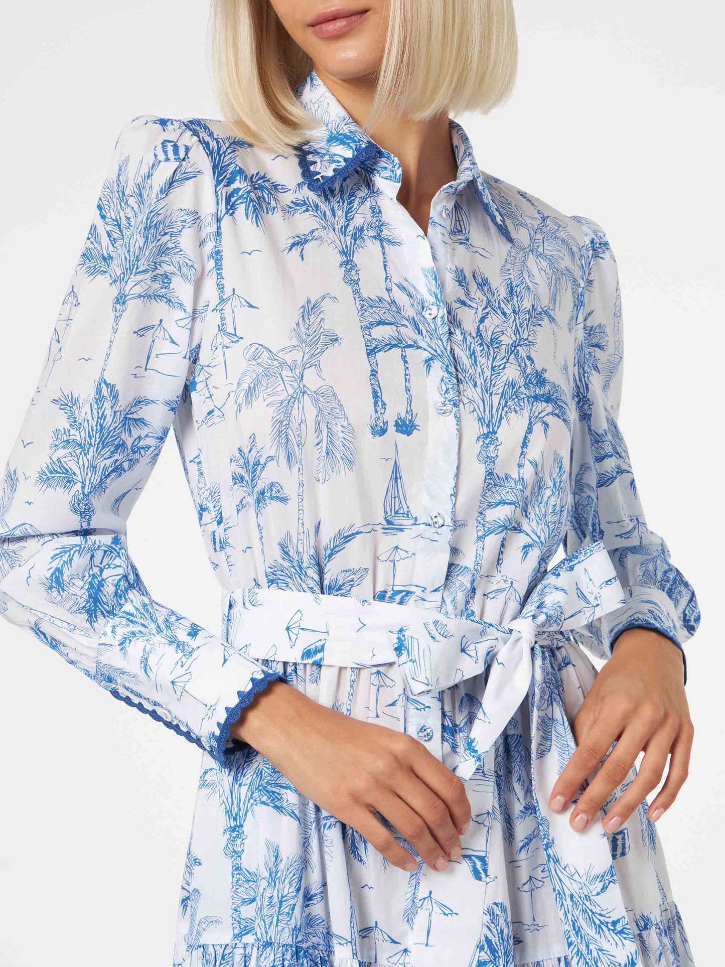 Langes Damenkleid mit Toile-de-Jouy-Print