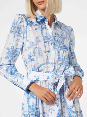 Langes Damenkleid mit Toile-de-Jouy-Print