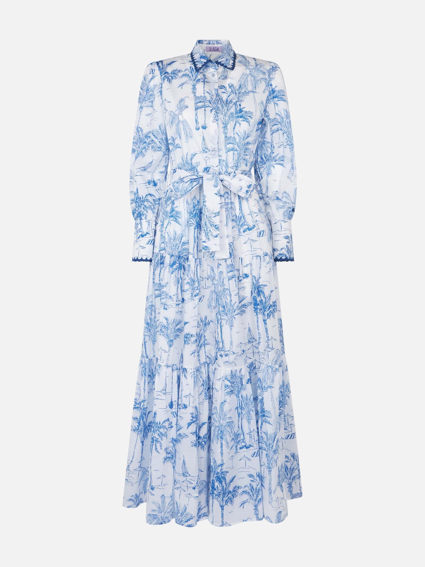 Langes Damenkleid mit Toile-de-Jouy-Print