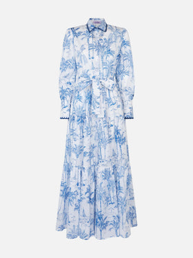 Langes Damenkleid mit Toile-de-Jouy-Print