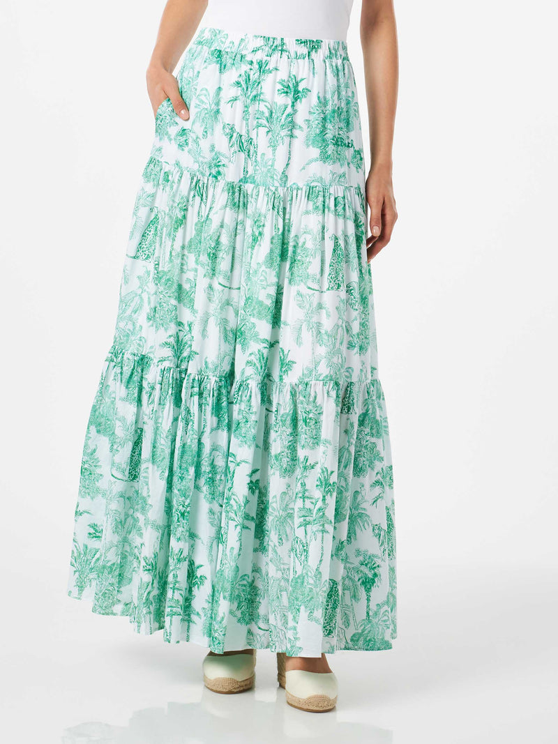 Woman cotton long skirt with jungle print