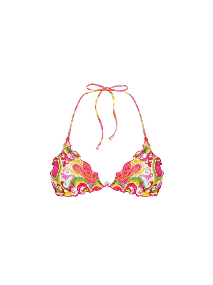 Woman triangle top swimsuit with ikat print