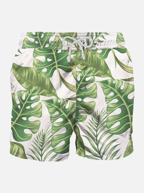 Tropical print mid-length swim shorts