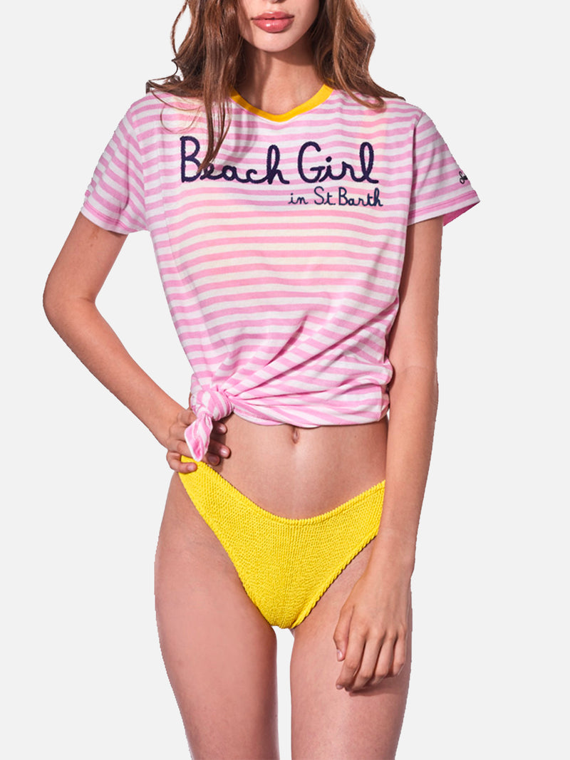 Rosa gestreiftes Damen-T-Shirt mit Beach Girl-Stickerei