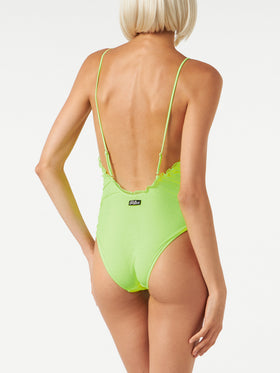 Fluo yellow one piece swimsuit Francoise with tulle - MC2 Saint Barth
