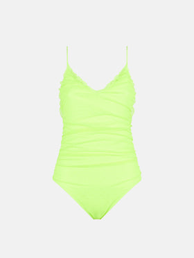 Fluo yellow one piece swimsuit Francoise with tulle - MC2 Saint Barth