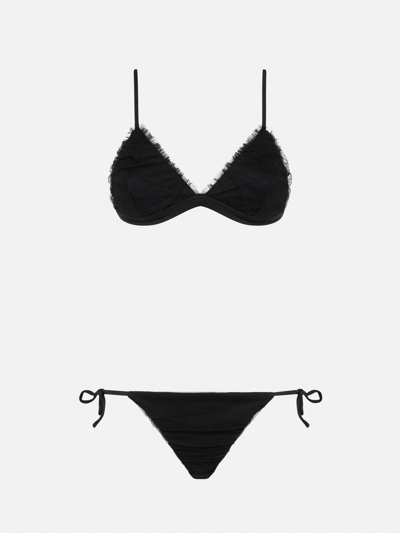 Bikini a triangolo nero risvolto con tulle lucido nero