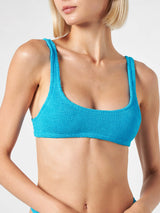 Woman turquoise crinkle bralette top swimsuit