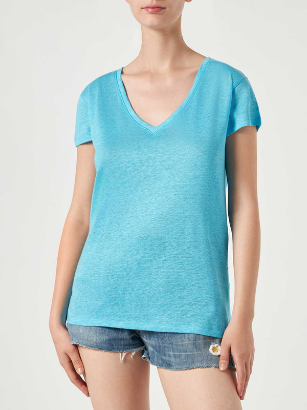 T-shirt da donna in lino turchese