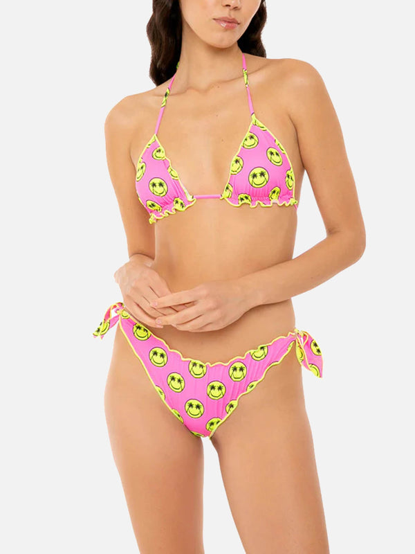 Bikini da donna a triangolo con stampa smile gialla