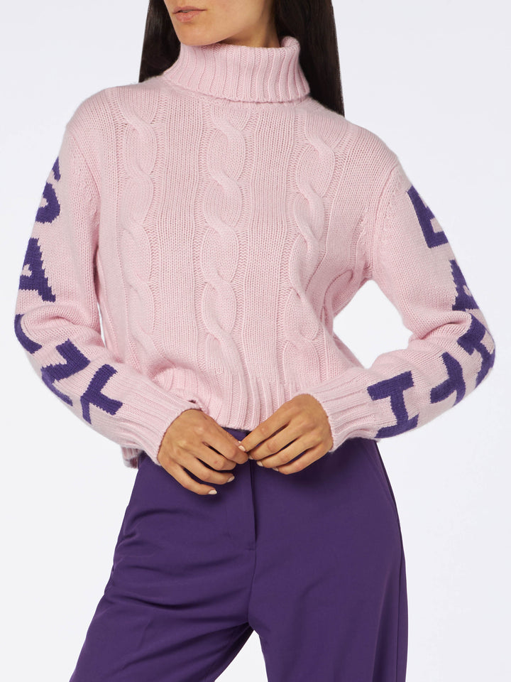 Woman turtleneck braided sweater with Saint Barth jacquard