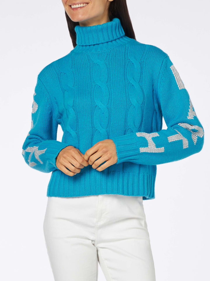 Woman turtleneck braided sweater with Saint Barth jacquard