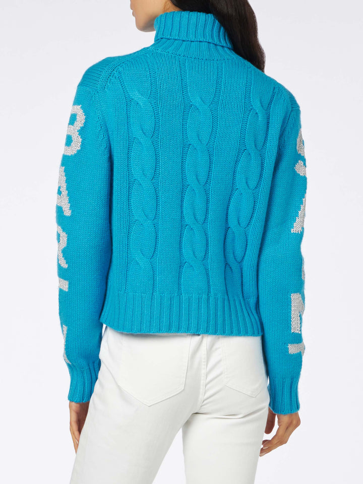 Woman turtleneck braided sweater with Saint Barth jacquard