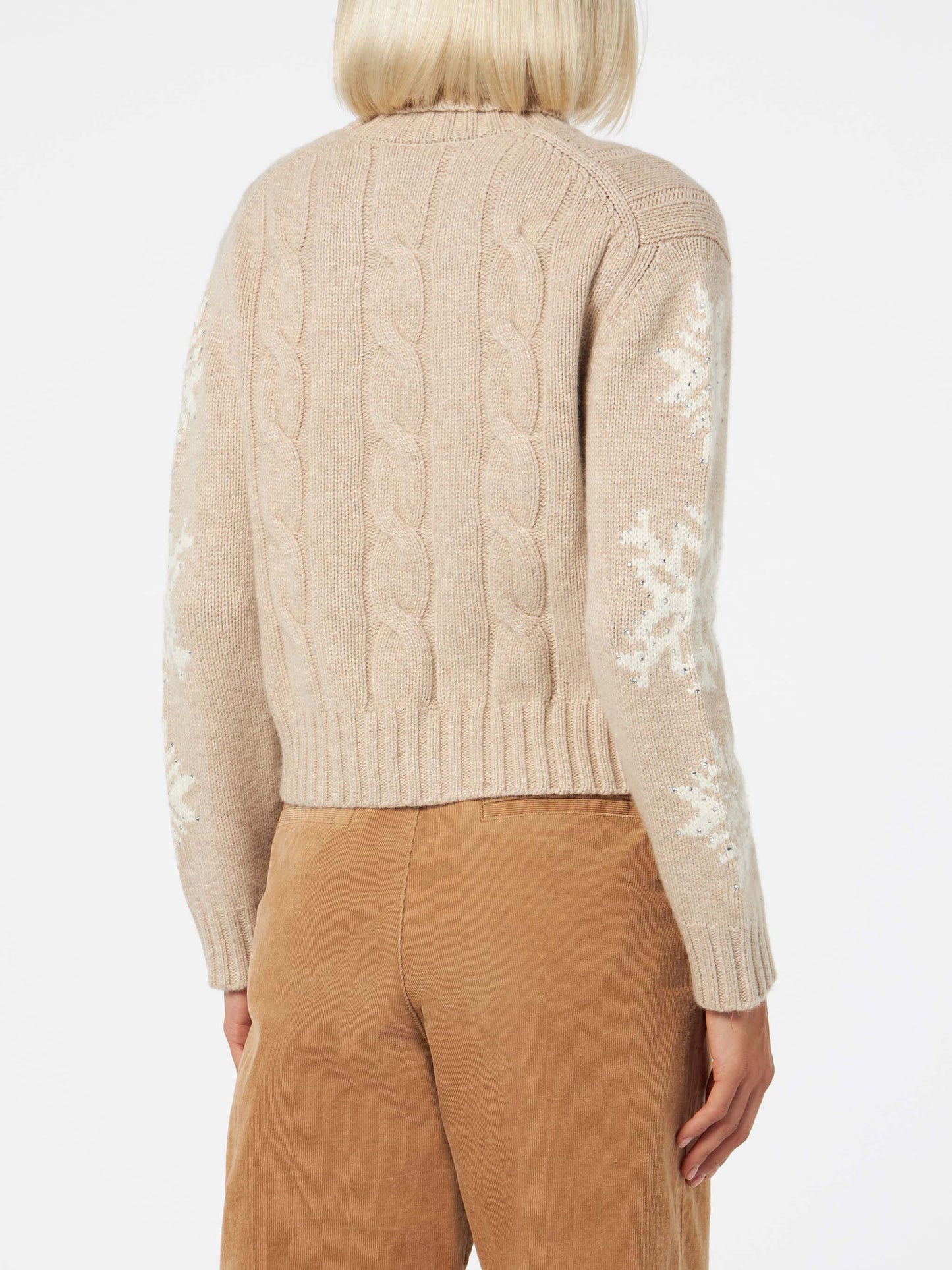 Maglione da donna intrecciato a collo alto con strass fiocco di neve