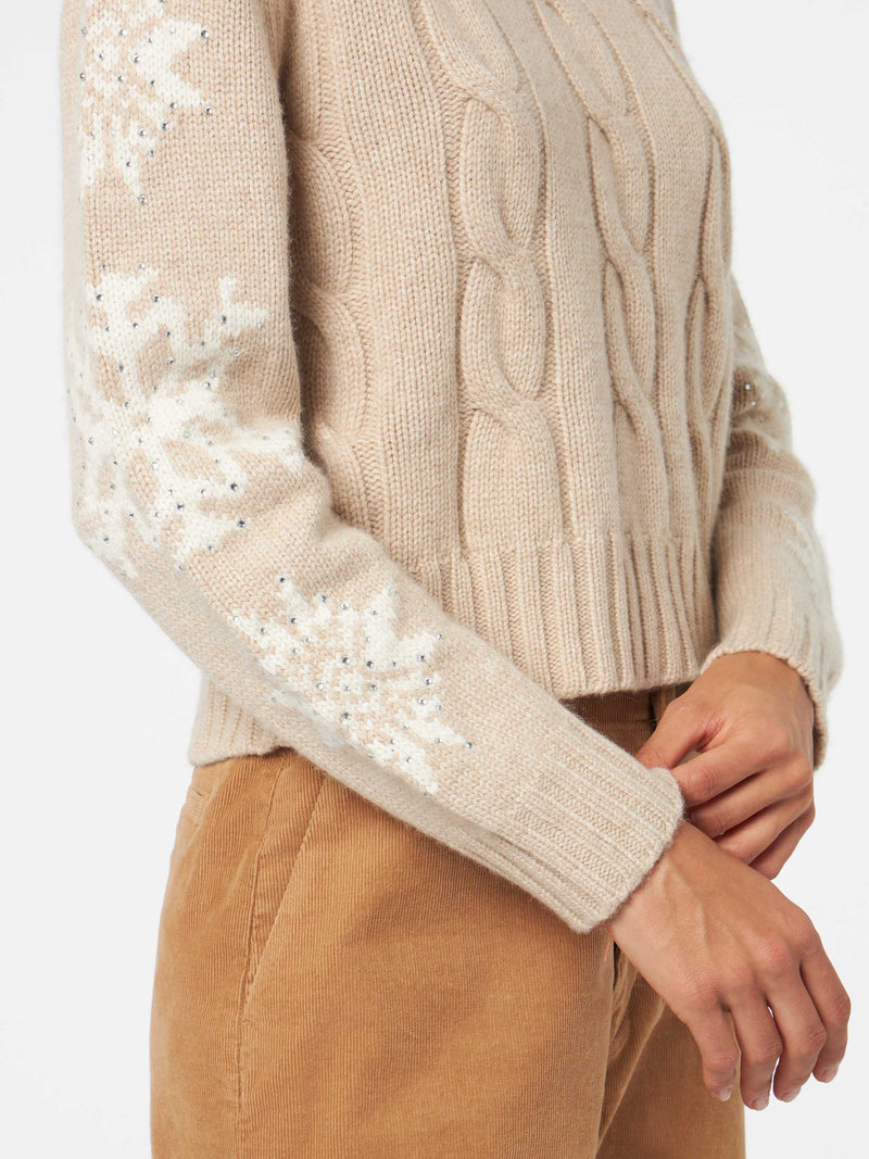 Woman turtleneck braided sweater with snowflake rhinestones