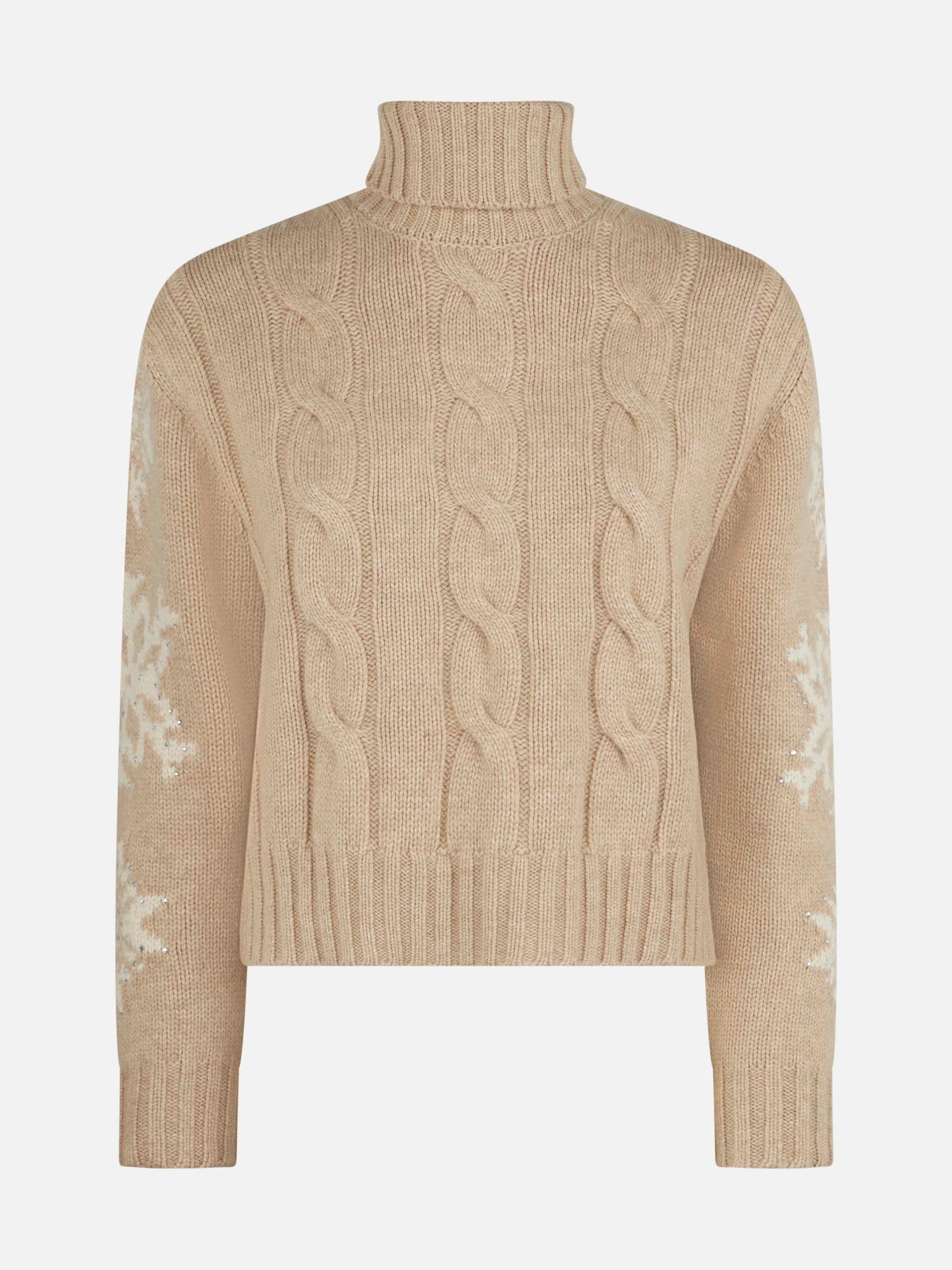 Maglione da donna intrecciato a collo alto con strass fiocco di neve