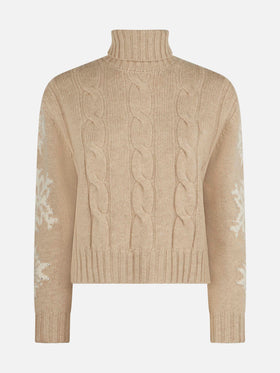 Maglione da donna intrecciato a collo alto con strass fiocco di neve