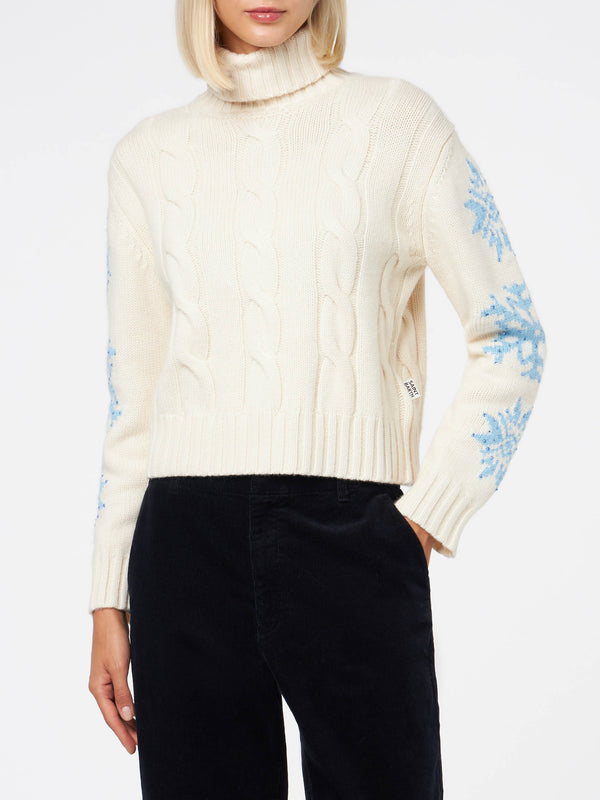 Woman turtleneck braided sweater with snowflake rhinestones