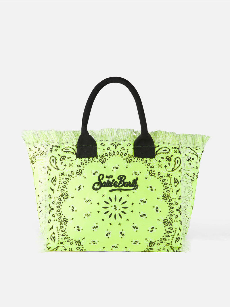 Vanity canvas shoulder bag with fluo yellow bandanna print