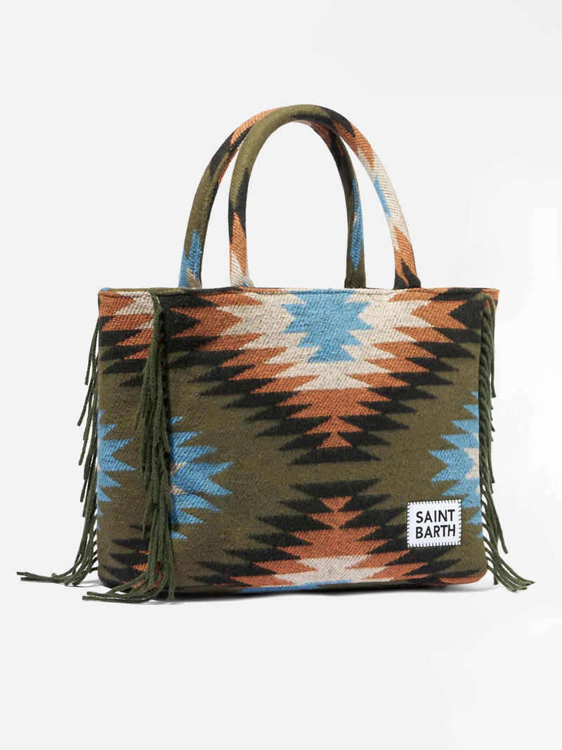 Vanity blanket shoulder bag with ethnic print and fringes