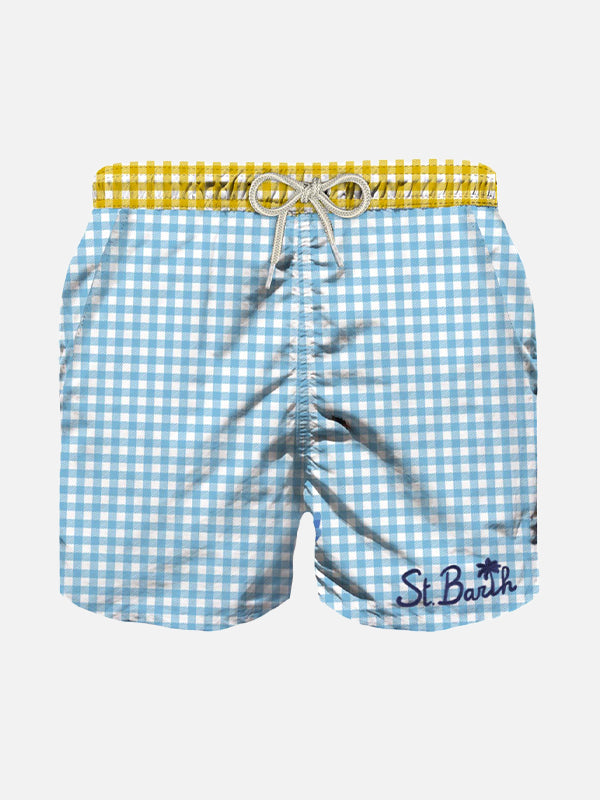 Costume da bagno da bambino vichy azzurro con ricami