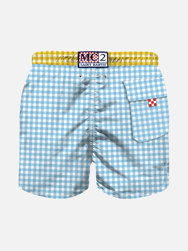 Light blue gingham boy's swim shorts with embroidery