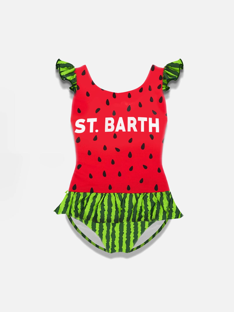 Girl ruffled one piece swimsuit with watermelon print