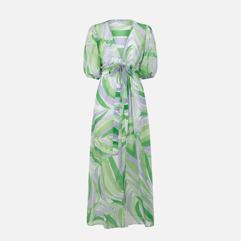 Cotton and silk long dress Bliss with palm print