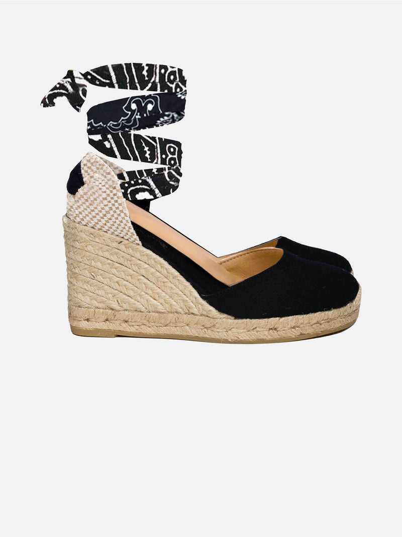 Black print canvas espadrillas with hight wedge and ankle lace