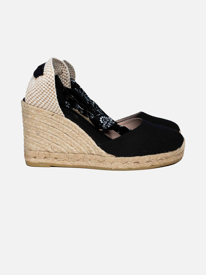 Black print canvas espadrillas with hight wedge and ankle lace