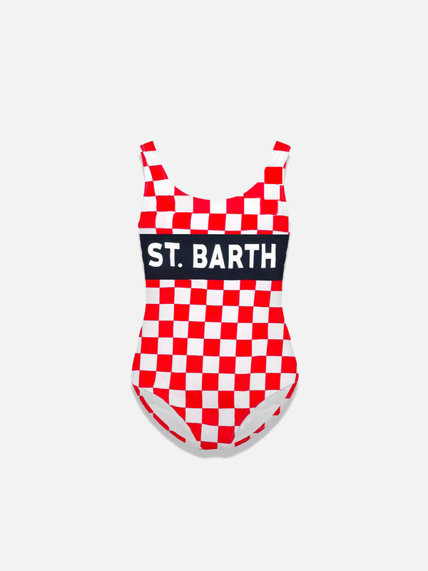 White and red check print girl's one piece