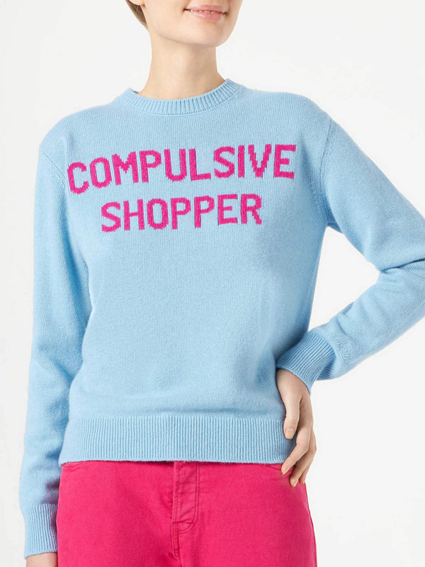 Maglione da donna girocollo di colore azzurro con stampa Compulsive Shopper