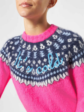 Neonpinkes Rundhals-Shirt „New Queen Nordic Soft“ mit Fair-Isle-Jacquardmuster und „It's Cold“-Stickerei