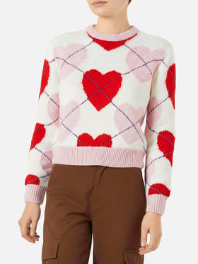 Woman brushed cropped sweater with heart pattern