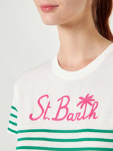 Green striped cotton t-shirt with St. Barth embroidery