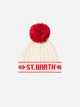 Woman white beanie with pompon