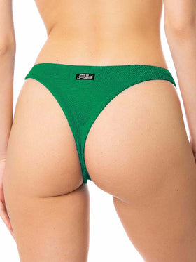 Woman green crinkle bralette bikini with cheeky swim briefs