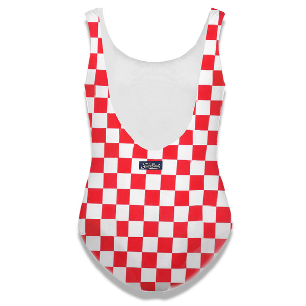 White and red check print girl's one piece