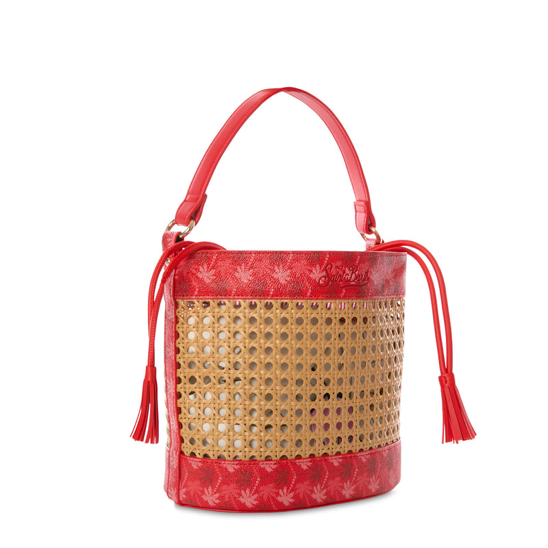 Straw bucket bag with red monogram details