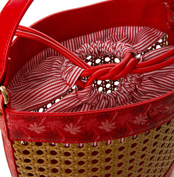 Straw bucket bag with red monogram details