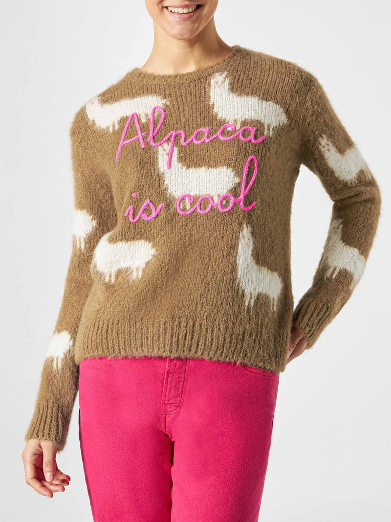 Woman brushed sweater with Alpaca and Alpaca is cool embroidery