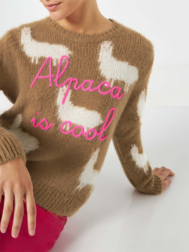 Woman brushed sweater with Alpaca and Alpaca is cool embroidery