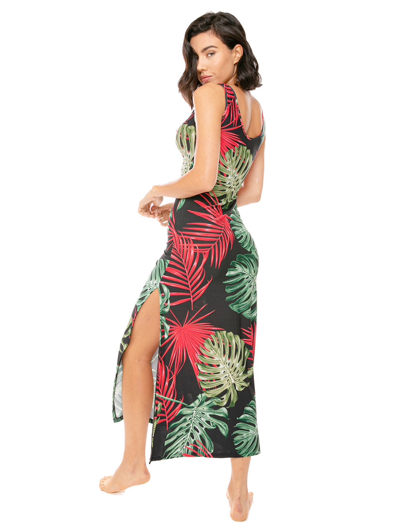 Long tank dress vintage leaves print