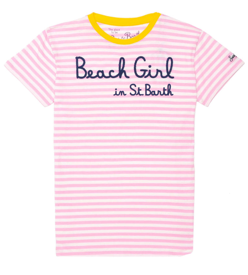 Rosa gestreiftes Damen-T-Shirt mit Beach Girl-Stickerei