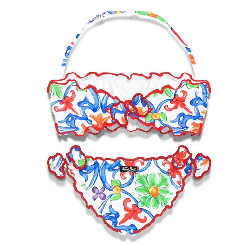 Bikini da bambina a fascia con stampa maiolica