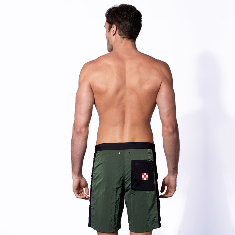 Military green swim shorts with contrast lateral band