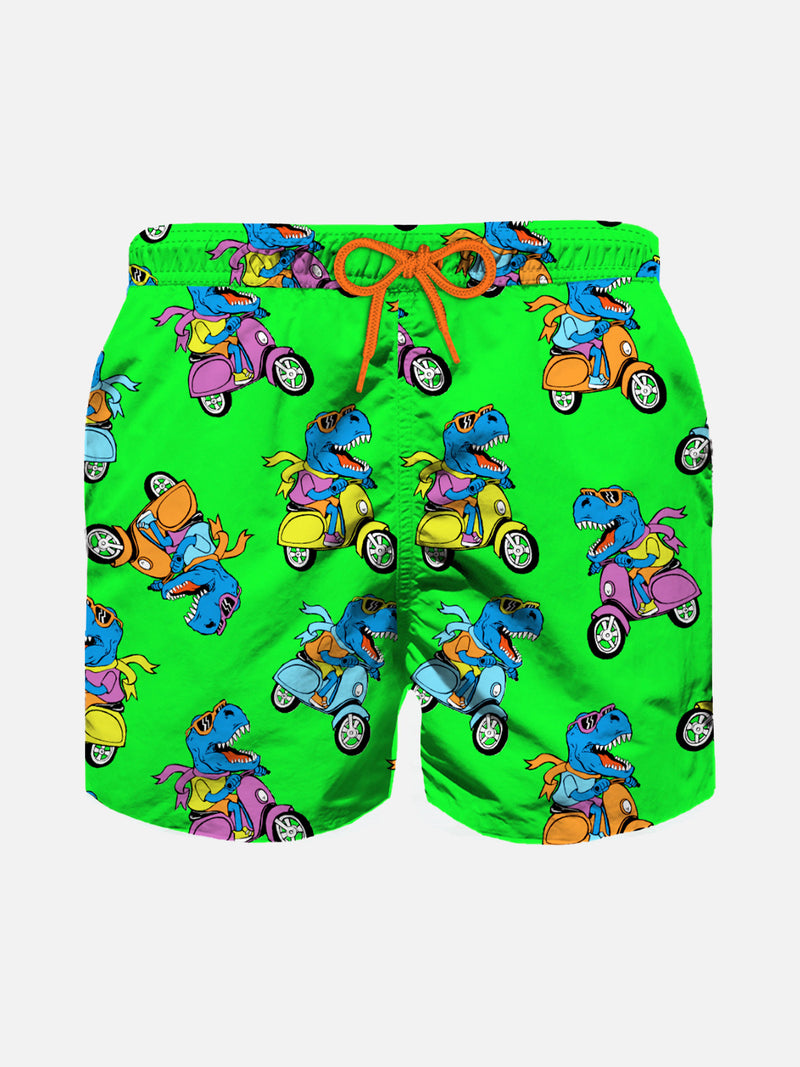 Boy swim shorts with multicolor rider t-rex