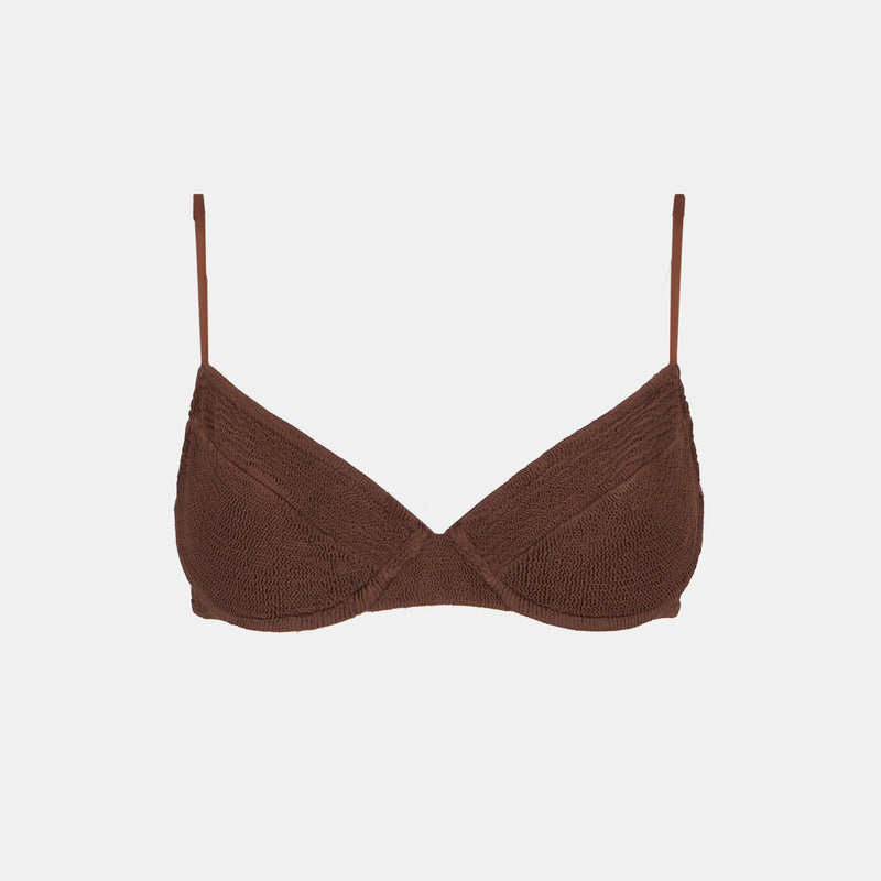 Brauner Bralette-Badeanzug für Damen in Crinkle-Optik mit Bügeln